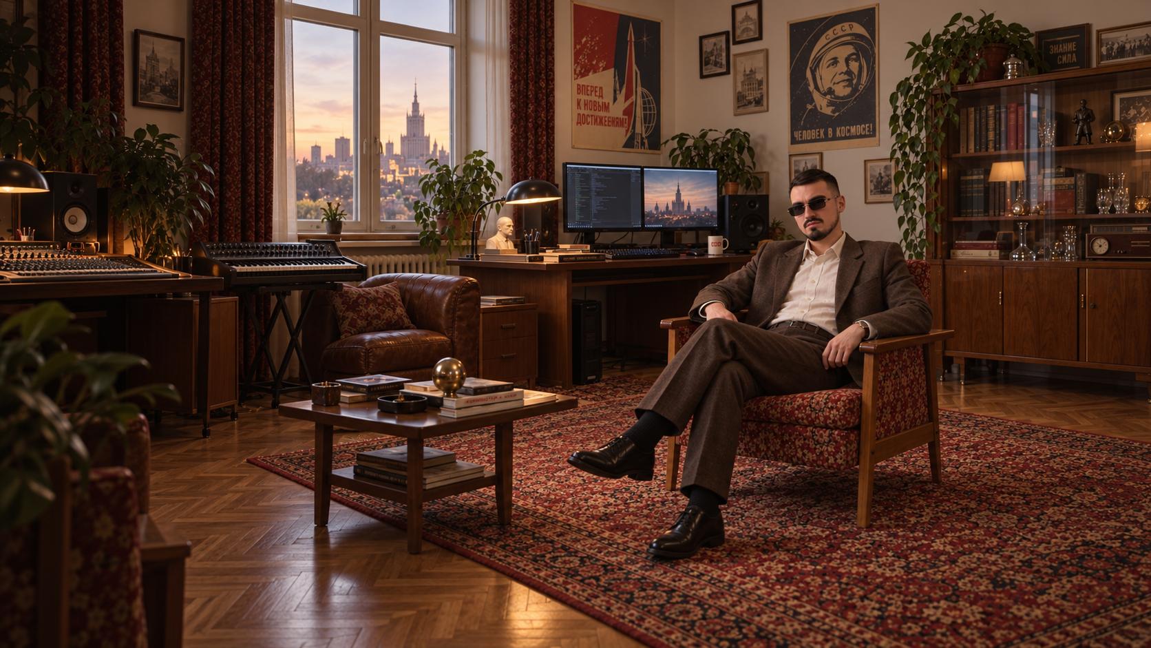 Дмитрий Рассулов в кабинете с советским интерьером и современным музыкальным оборудованием